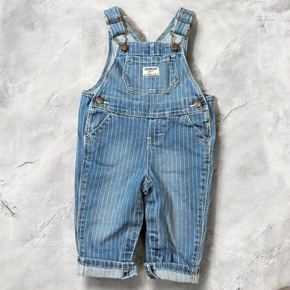 Retro OshKosh B’Gosh Baby Girls Rainbow Pinstripe Overalls Faded Blue Denim 9M - Picture 1 of 6
